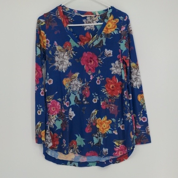 Soft Surrounding Blue Floral Butterfly Long Sleeve V‎ Tunic Shirt Extra Small - Picture 1 of 13
